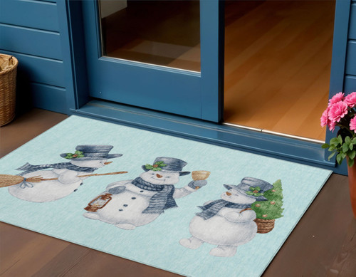 3' X 5' Sky Blue Denim Blue And Ivory Snowmen Washable Indoor Outdoor Area Rug