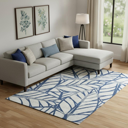 10' X 14' Navy Blue And Beige Floral Washable Area Rug With UV Protection