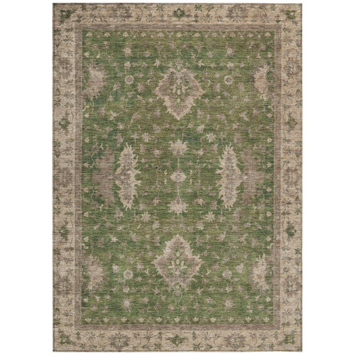 8' X 10' Artichoke Green And Beige Floral Washable Indoor Outdoor Area Rug