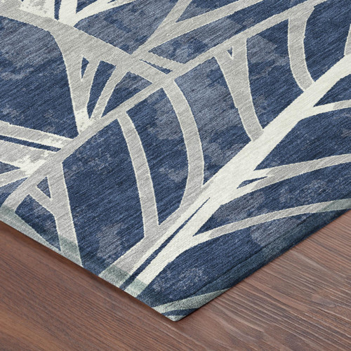 8' Navy Blue And Blue Round Floral Washable Indoor Outdoor Area Rug