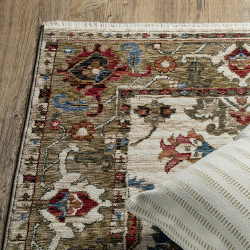 8' Ivory Green And Red Oriental Runner Rug With Fringe