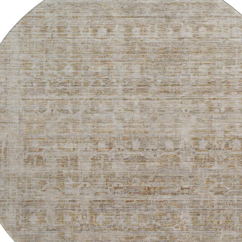 8' Taupe And Beige Oriental Washable Round Rug With UV Protection