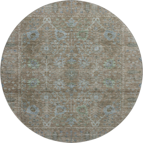 8' Brown And Blue Oriental Washable Round Rug With UV Protection