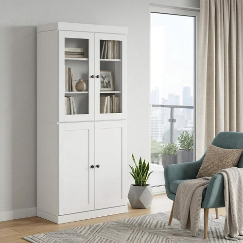 72" White Solid Wood Adjustable Six Tier Library Bookcase with Four Doors