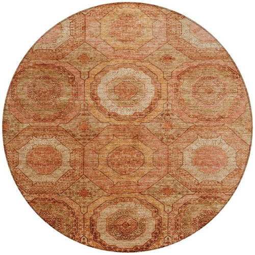 8' Terra Cotta Copper And Peach Round Geometric Washable Indoor Outdoor Area Rug