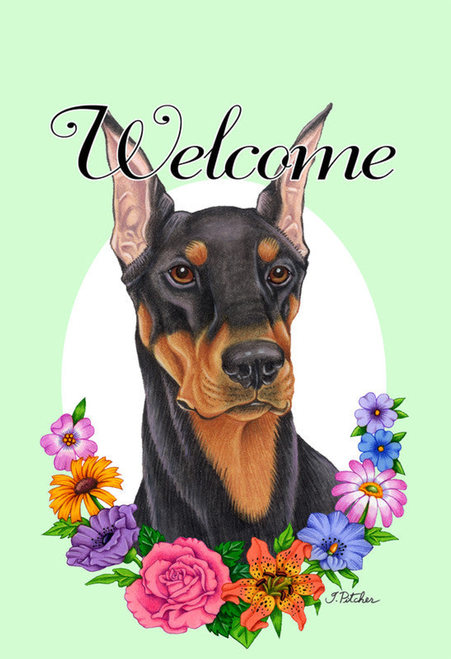 Doberman Black/Tan Cropped  - Best of Breed Welcome Flowers Garden Flag 