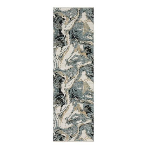 8' Blue Black And Ivory Abstract Runner Rug With Fringe