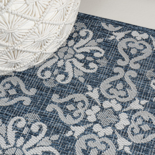 8' Navy Blue And Cream Floral Indoor Outdoor Runner Rug