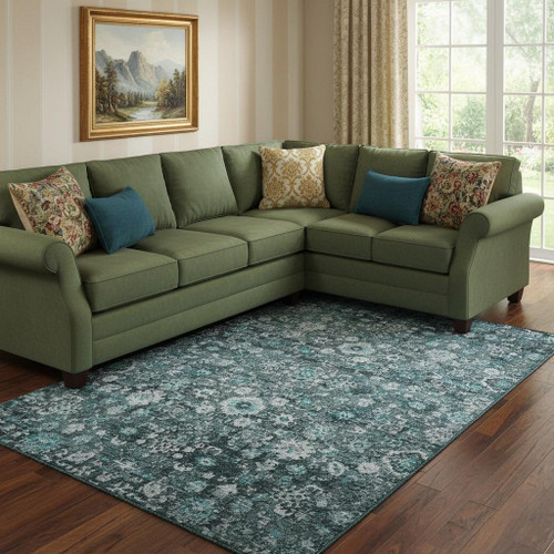 9' X 12' Teal And Aqua Oriental Washable Area Rug With UV Protection
