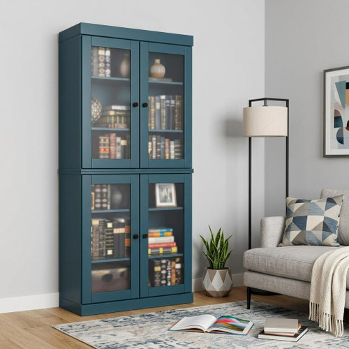 72" Teal Blue Solid Wood Adjustable Six Tier Library Bookcase with Four Doors
