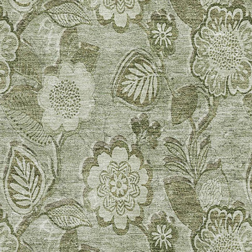 5' X 8' Artichoke Green And Fern Green Floral Washable Area Rug With UV Protection