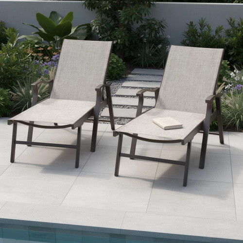 Set of Two Beige Aluminum Six Position Adjustable Outdoor Chaise Lounges