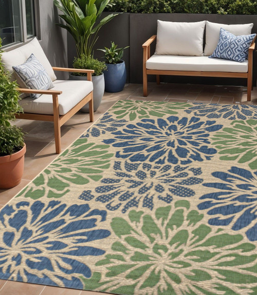 5' X 8' Navy Blue And Green Floral Indoor Outdoor Area Rug