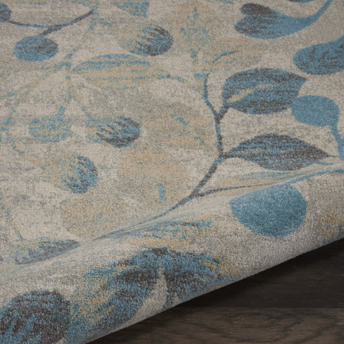 5' Ivory And Turquoise Botanical Leaves Round Rug