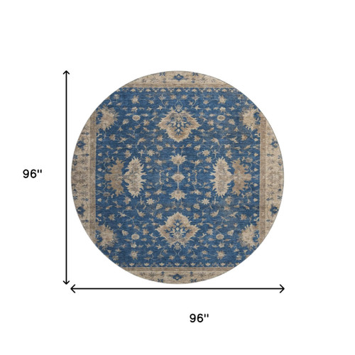 8' Navy Blue And Beige Oriental Washable Round Rug With UV Protection