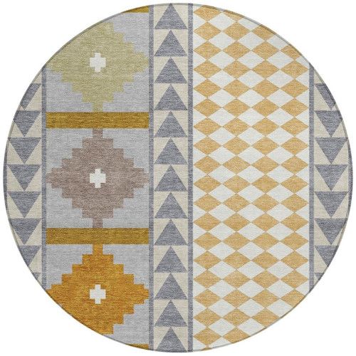 8' Gray And Beige Round Southwestern Washable Indoor Outdoor Area Rug