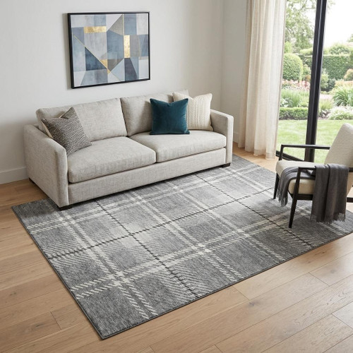 5' X 8' Gray And Ivory Plaid Washable Area Rug With UV Protection