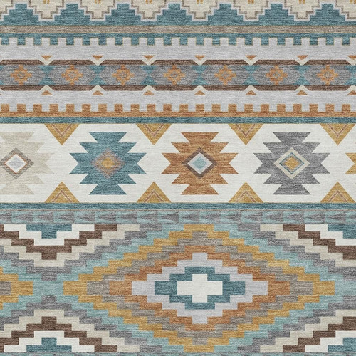 8' X 10' Teal Blue And Ivory Southwestern Washable Indoor Outdoor Area Rug