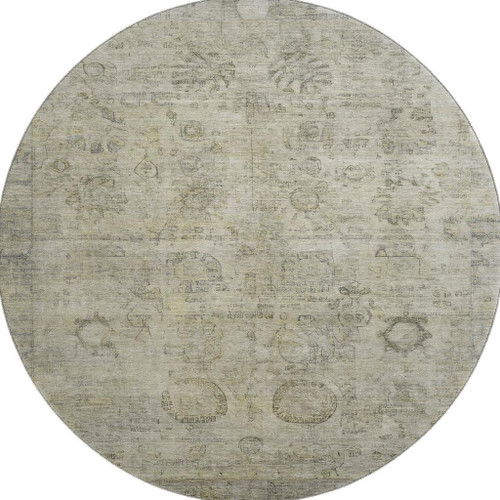 8' Taupe And Beige Oriental Washable Round Rug With UV Protection