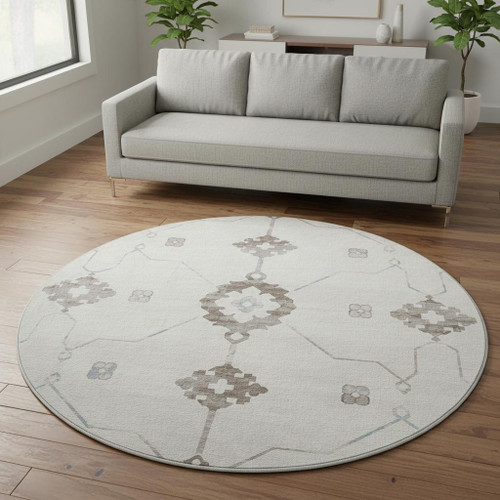 8' Taupe And Ivory Floral Medallion Washable Round Rug With UV Protection