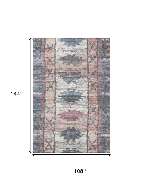 9' X 12' Denim Blue Blush And Ivory Tribal Washable Area Rug With UV Protection