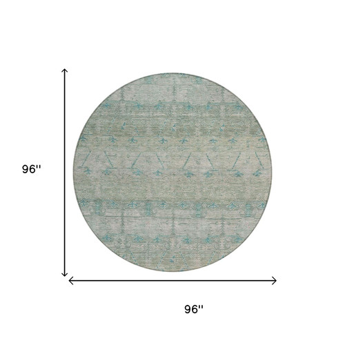 8' Teal Blue And Pewter Round Tribal Washable Indoor Outdoor Area Rug