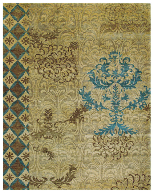 8' X 12' Tan Blue and Brown Floral Hand Knotted Area Rug