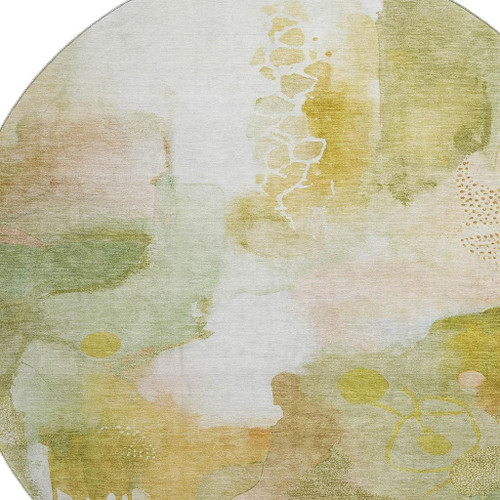 8' Fern Green And Ivory Abstract Washable Round Rug With UV Protection