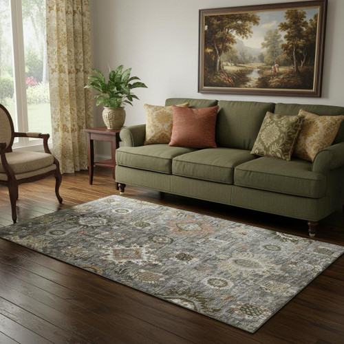 5' X 8' Pewter Copper And Beige Oriental Washable Area Rug With UV Protection