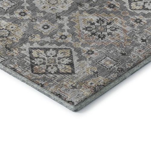 8' Gray And Silver Oriental Washable Round Rug With UV Protection
