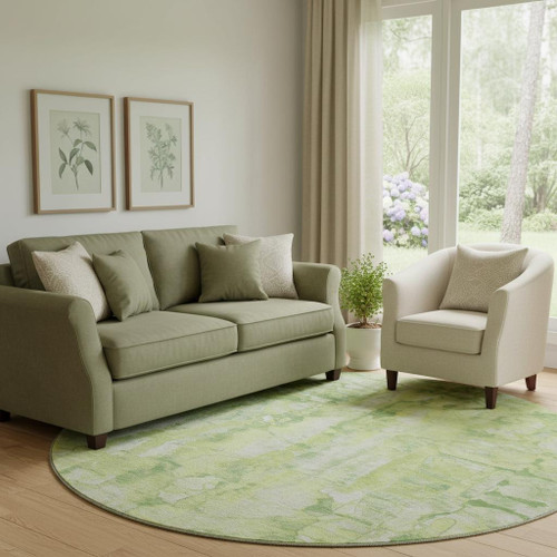 8' Lime Green And Ivory Abstract Washable Round Rug With UV Protection