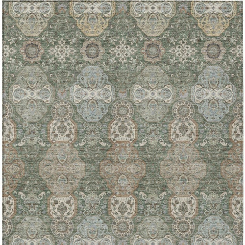 10' X 14' Green And Silver Floral Washable Indoor Outdoor Area Rug