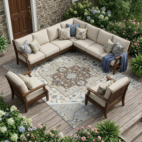8' X 10' Gray And Ivory Floral Medallion Washable Indoor Outdoor Area Rug