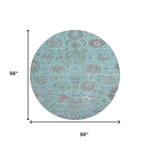 8' Teal Gray And Ivory Oriental Washable Round Rug With UV Protection