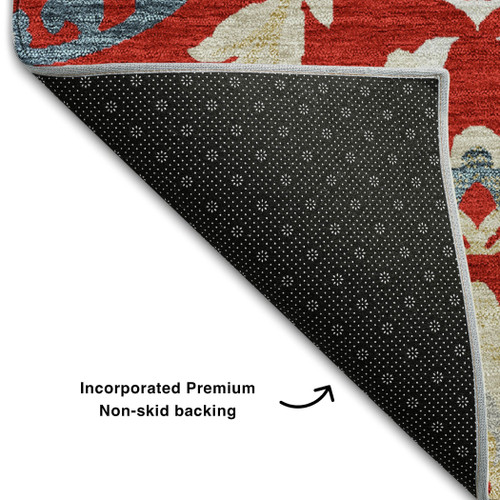 5' X 8' Red Gold And Blue Floral Washable Area Rug With UV Protection