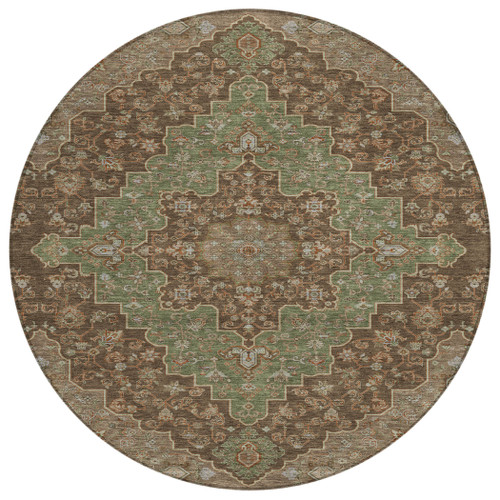 8' Chocolate And Olive Green Round Medallion Washable Indoor Outdoor Area Rug