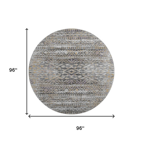 8' Gray Gold And Ivory Moroccan Washable Round Rug With UV Protection