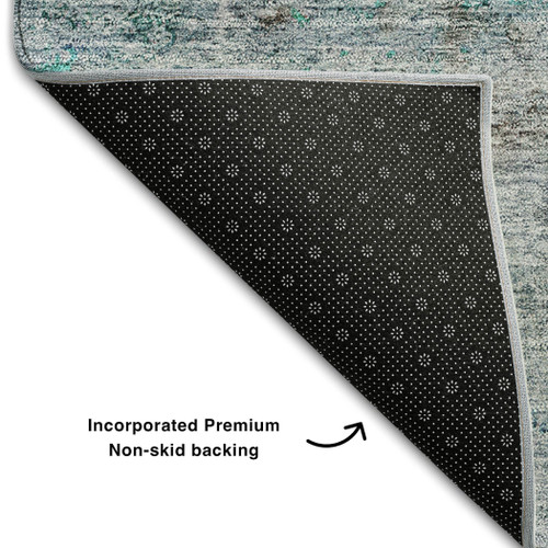 3' X 5' Teal And Gray Oriental Washable Area Rug With UV Protection
