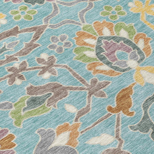 10' X 14' Teal Blue And Brown Floral Washable Indoor Outdoor Area Rug