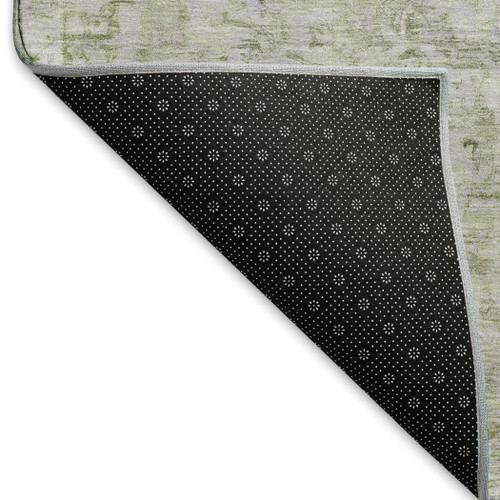 5' X 8' Olive Green And Silver Oriental Washable Area Rug With UV Protection