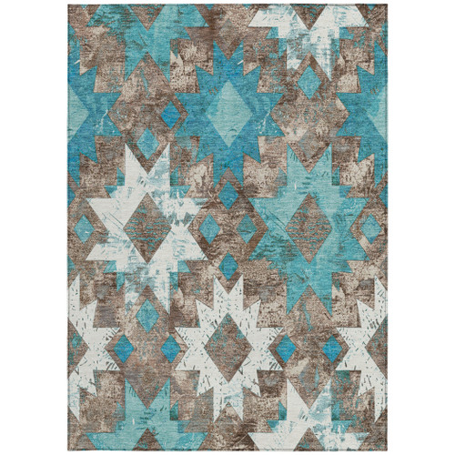 5' X 8' Teal Blue Brown And Ivory Aztec Washable Indoor Outdoor Area Rug
