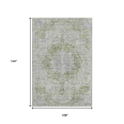 9' X 12' Olive Green And Silver Oriental Washable Area Rug With UV Protection