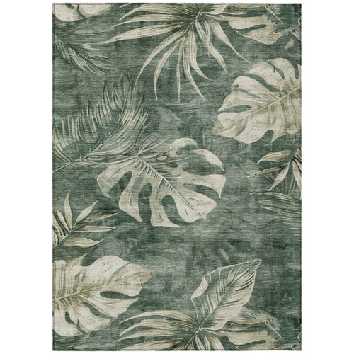 9' X 12' Fern Green And Sage Floral Washable Indoor Outdoor Area Rug
