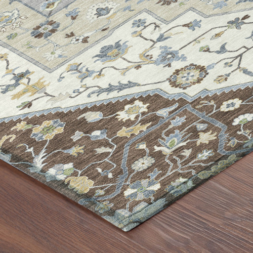 8' Chocolate And Ivory Round Floral Medallion Washable Indoor Outdoor Area Rug