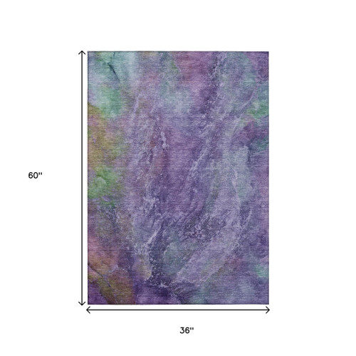 3' X 5' Purple And Green Abstract Washable Indoor Outdoor Area Rug