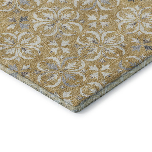 5' X 8' Gold And Gray Floral Washable Area Rug With UV Protection