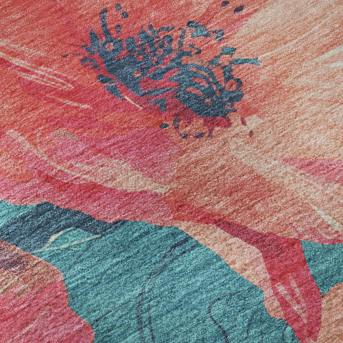 9' X 12' Salmon And Teal Floral Washable Area Rug With UV Protection