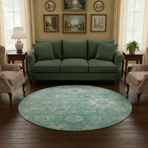8' Teal Copper And Ivory Oriental Washable Round Rug With UV Protection