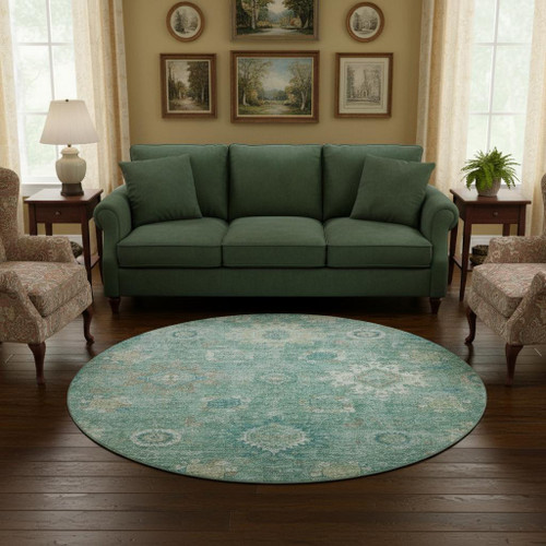 8' Teal Copper And Ivory Oriental Washable Round Rug With UV Protection