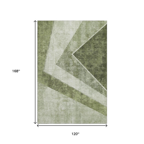 10' X 14' Olive Green Gray And Silver Geometric Washable Area Rug With UV Protection